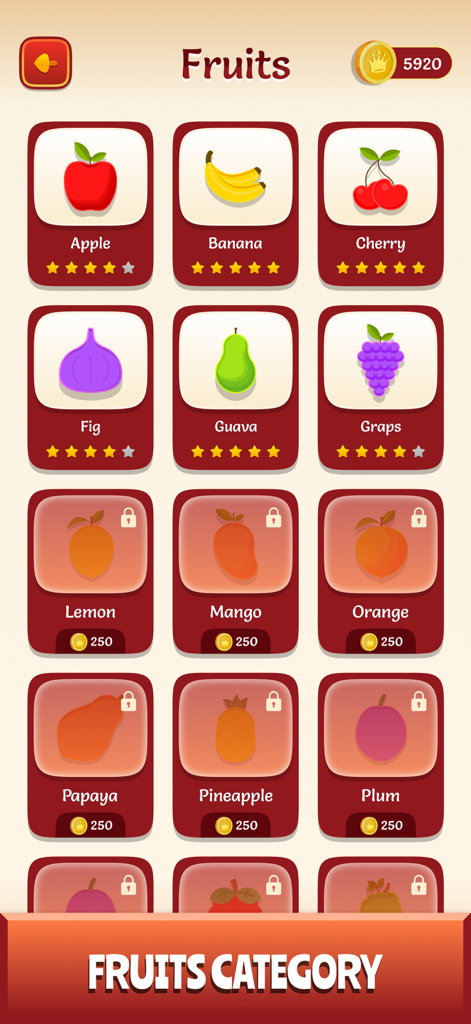 Popit - Just Do it! - Selection screen for the fruit category in the Popit game featuring various fruit shapes and unlockable levels