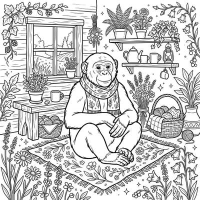 Immerse yourself in tranquility with this delightful bonobo in a cozy cottagecore scene. This unique coloring page invites you to explore a world of rustic charm and gentle nature.