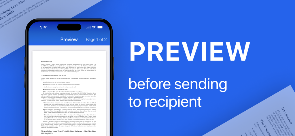 Fax Pro app preview screen showing a document on an iPhone before sending