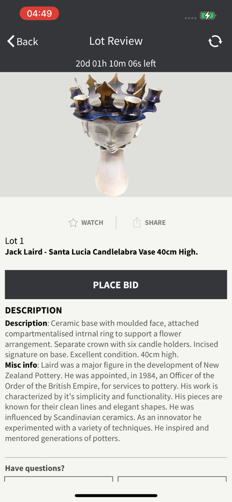 Nelson Auctions NZ - Nelson Auctions NZ app screen showing a lot review for a Jack Laird Santa Lucia Candelabra Vase with a place bid button
