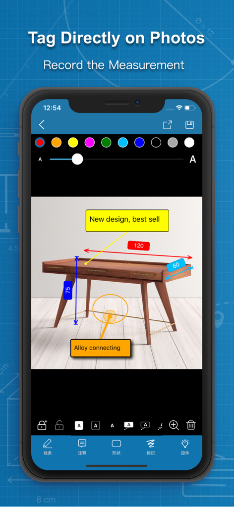 Photos Measure - Image meter - Interfaccia dell'app per contrassegnare misure e note sulla foto di un mobile
