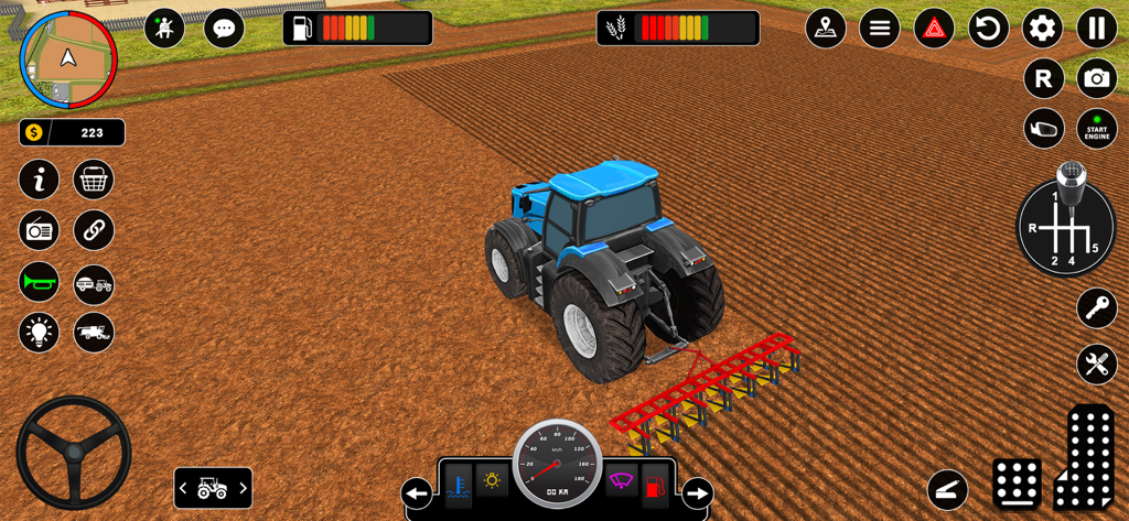 Real Tractor Farming Game - Um trator azul puxando um implemento agrícola vermelho em um campo marrom em um jogo de simulação 3D.
