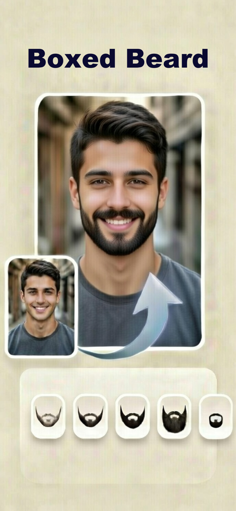 Beard Filter Try On: AnyBeard - AnyBeard app interface showing a realistic boxed beard filter on a man portrait