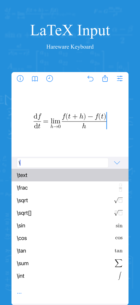 xFormula - Equation Editor - Interface of the xFormula app showing a calculus limit formula and a list of LaTeX command shortcuts