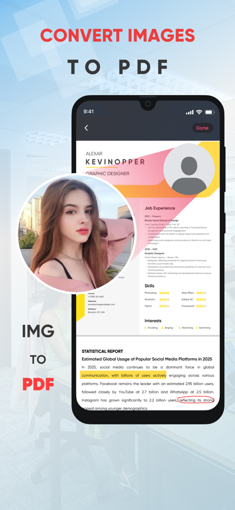 Fast PDF Reader & Converter - Mobile app screen showing the conversion of images and digital documents into professional PDF files