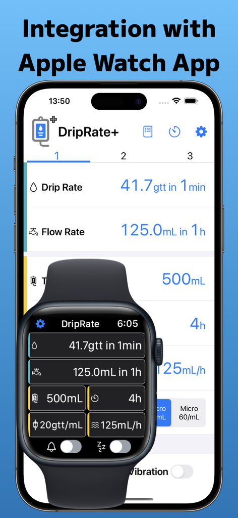 DripRate+ - Interfaz de la aplicación DripRate plus en iPhone y Apple Watch que muestra cálculos de goteo y flujo IV
