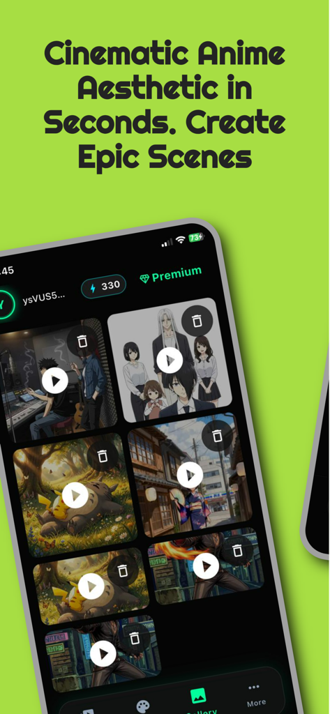 Animoon-Anime  Generator - Animoon app interface displaying a gallery of cinematic anime video scenes created with AI