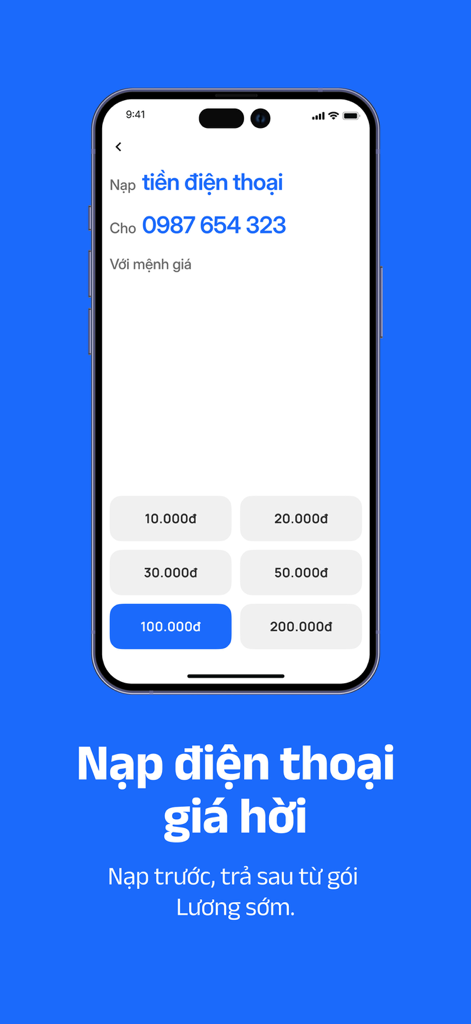 Interface of GIMO app showing phone recharge options with a pay later feature using earned wages