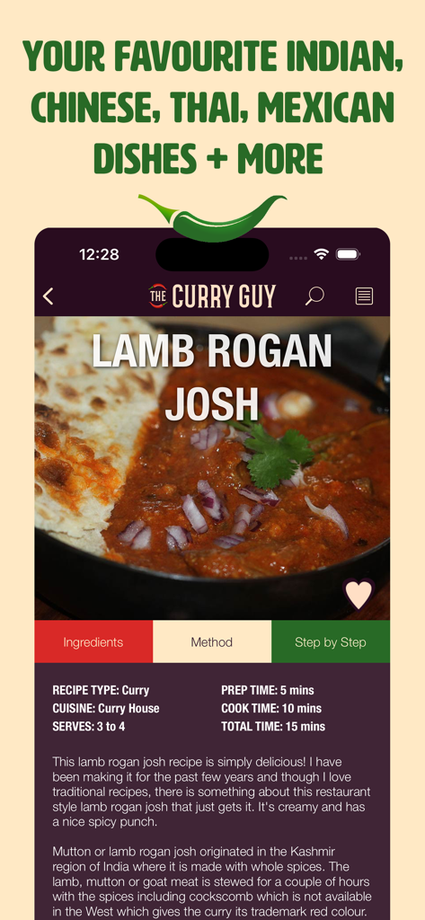 Screenshot of The Curry Guy app showing a Lamb Rogan Josh recipe with cooking details and dish image.