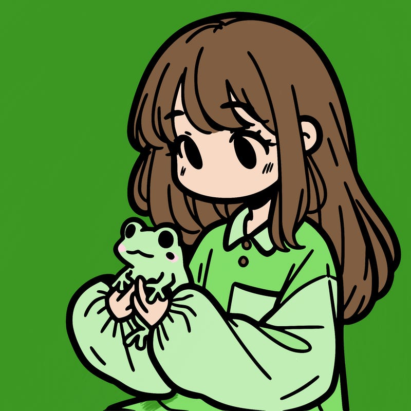 girl with long hair and a oversized shirt. and she is holding a frog