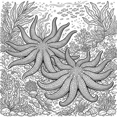 Explore the wonder of the deep sea with this captivating coloring page featuring two magnificent Sunflower Sea Stars. Immerse yourself in an intricate underwater world teeming with life, ready for your creative touch.