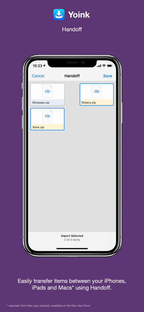 Yoink app interface demonstrating Handoff for transferring zip files between Apple devices