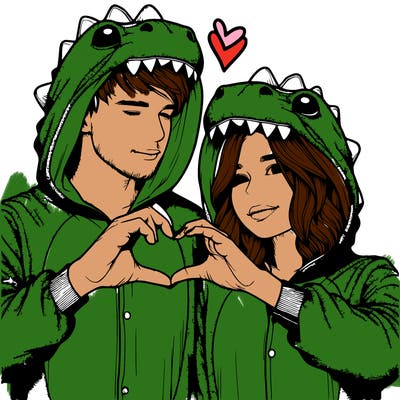 realistic couple wearing matching dinosaur onesies with heart hand gesture