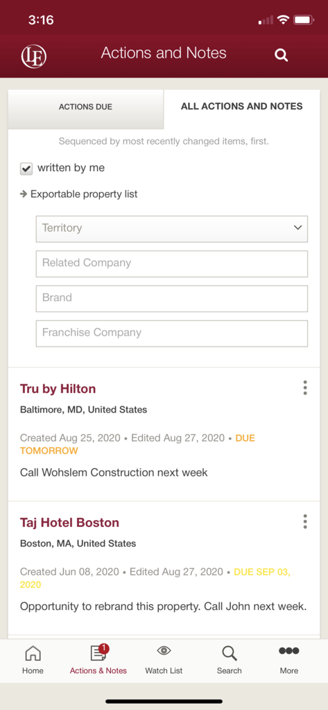 LE Business Development - Aktionen- und Notizen-Bildschirm innerhalb der LE Business Development App, der eine Liste von Hospitality-Projekt-Aufgaben und Filtern anzeigt.
