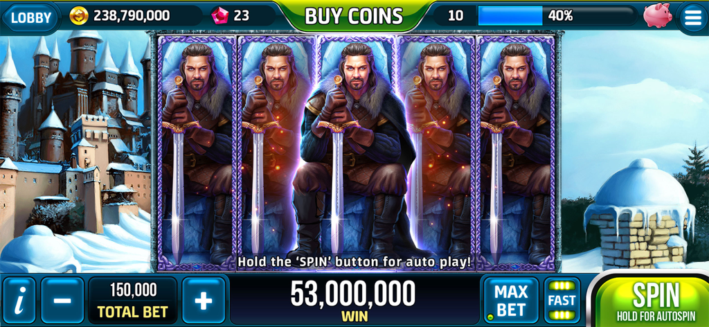 Medieval warrior themed slot machine gameplay showing a big coin win and a winter castle background
