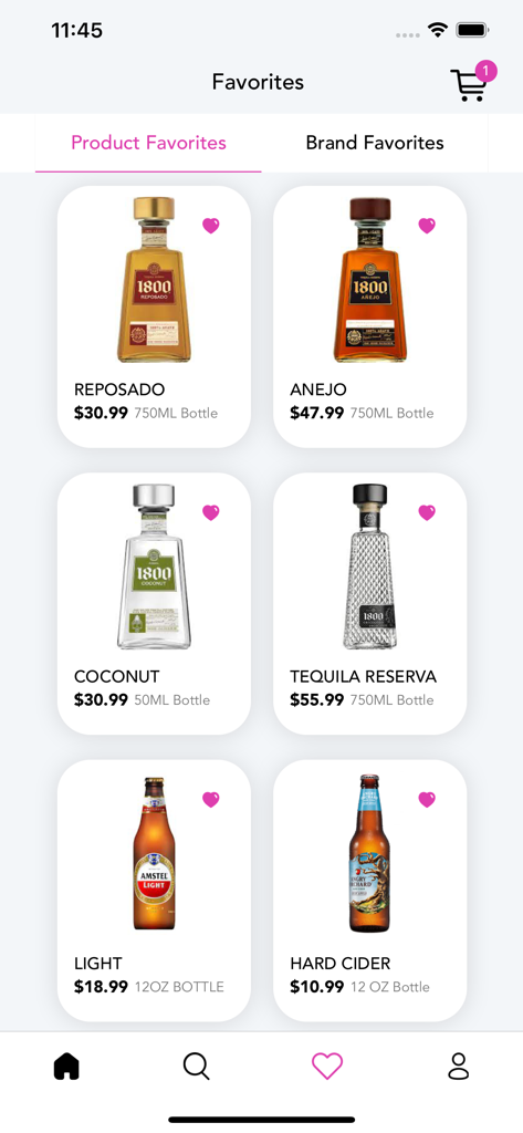 QuikLiq: Fast Alcohol Delivery - Favorites screen in the QuikLiq app displaying selected beer and spirits with prices.