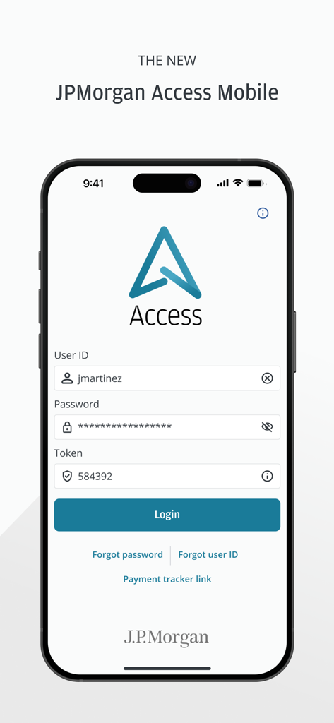 J.P. Morgan Access - Secure login screen for J.P. Morgan Access mobile app with fields for User ID, Password, and Security Token