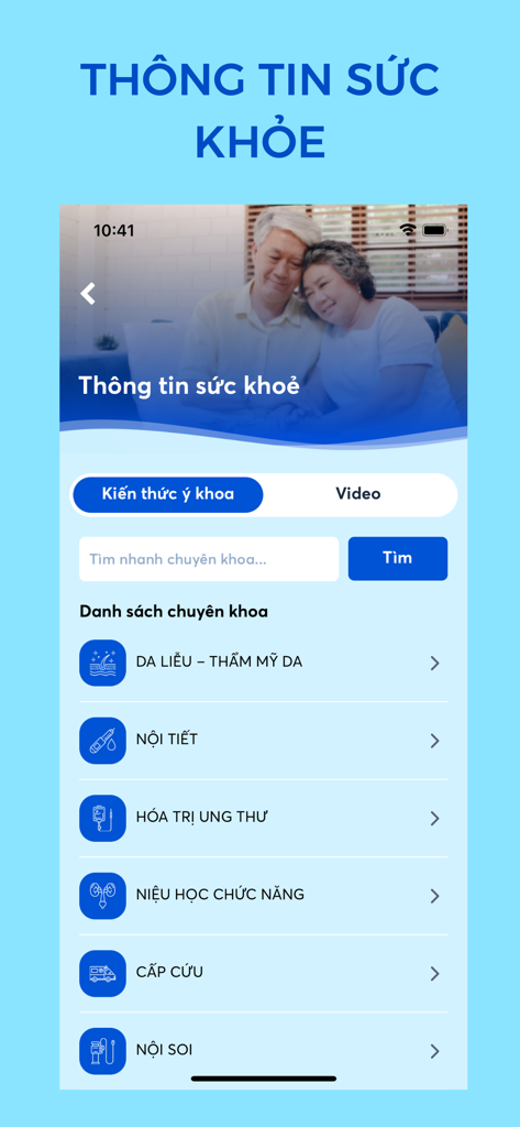 UMC Care Mobile App-Bildschirm, der Gesundheitsinformationskategorien und medizinische Abteilungen auf Vietnamesisch zeigt.