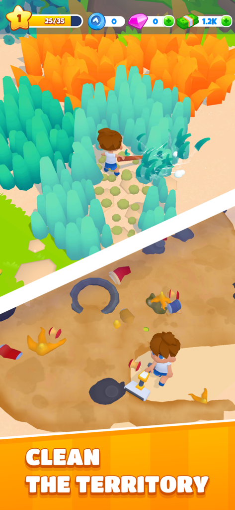 Bliss Bay - A character clearing bushes and picking up trash in Bliss Bay idle arcade gameplay