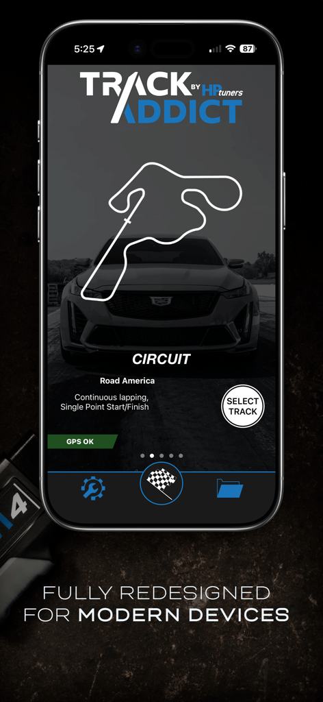TrackAddict - TrackAddict app interface displaying the circuit racing mode with Road America track layout