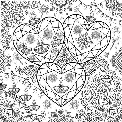 Immerse yourself in the festive spirit of Diwali with this stunning coloring page featuring intricately designed gemstone hearts. Adorned with traditional diyas, radiant rangoli patterns, and celebratory fireworks, it offers a beautiful blend of sparkle and tradition.