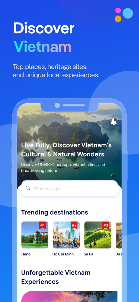 Visit-Vietnam - Visit Vietnam mobile app home screen showing trending destinations like Hanoi and Ho Chi Minh City