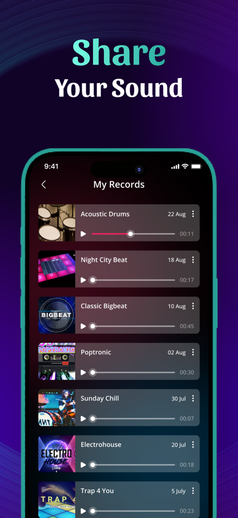 Drum Pad, Beat Maker - Electro - Un smartphone mostrando la sección Mis Grabaciones de la app Drum Pad Beat Maker con una lista de pistas de música grabadas y el texto Comparte Tu Sonido