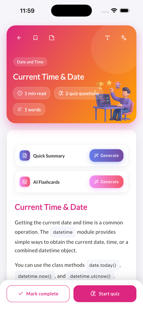 Learn Python Coding with AI - A Python lesson on the datetime module with options to generate AI summaries and flashcards