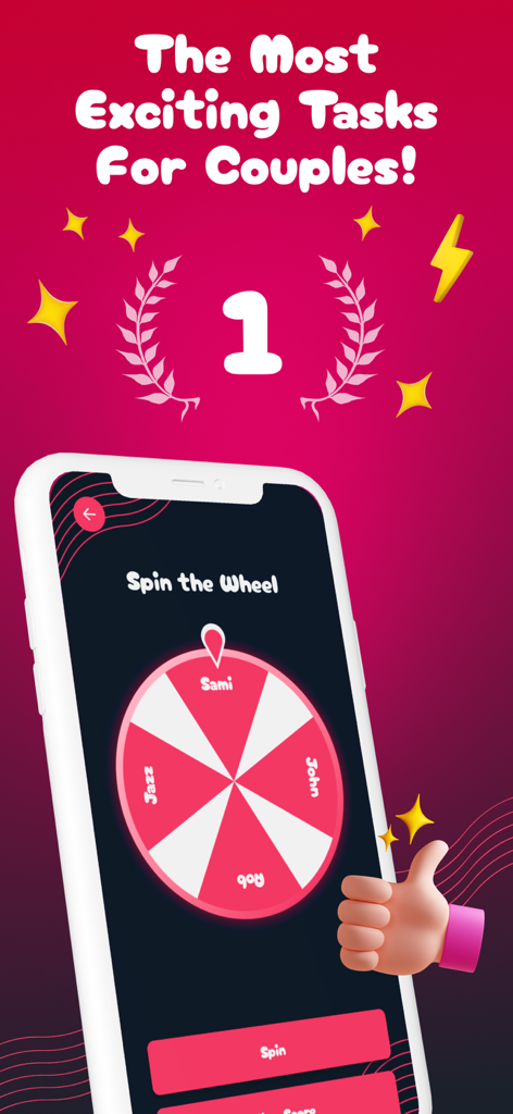 Truth or Dare? ⋆ Dirty Date - A mobile screen showing a spin the wheel game feature for couples with various player names