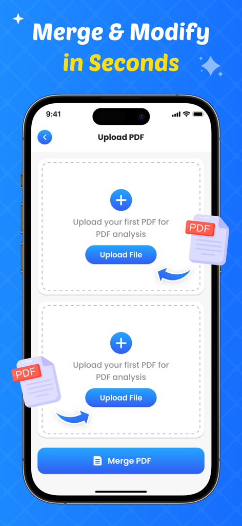 A mobile screen showing the PDF merging feature with upload buttons for multiple documents.