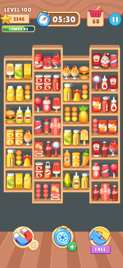 Triple match sorting puzzle with realistic grocery items on wooden shelves