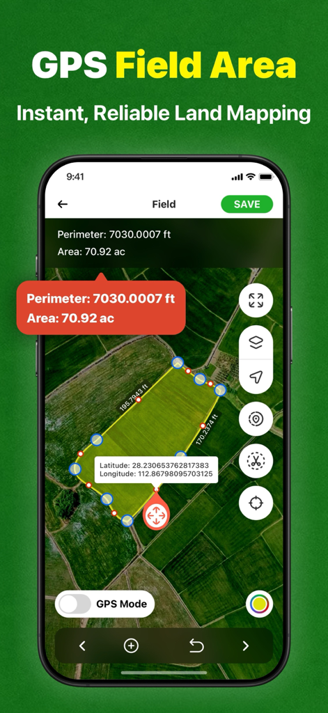 Interface de medição de área de campo GPS e mapeamento de terras em um smartphone