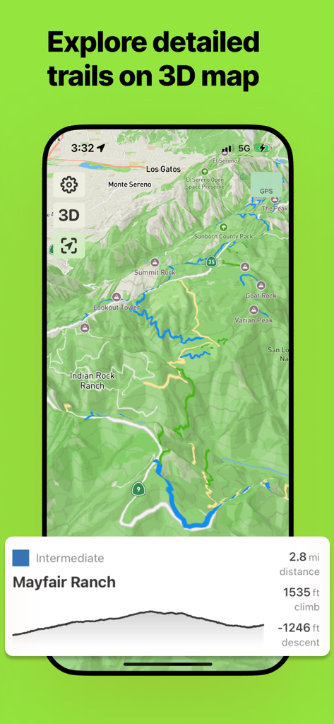 Bike Tracker: MTB Trails - 산악 자전거용 상세 3D 지형 지도와 트레일 고도 및 거리 통계를 표시하는 스마트폰 화면