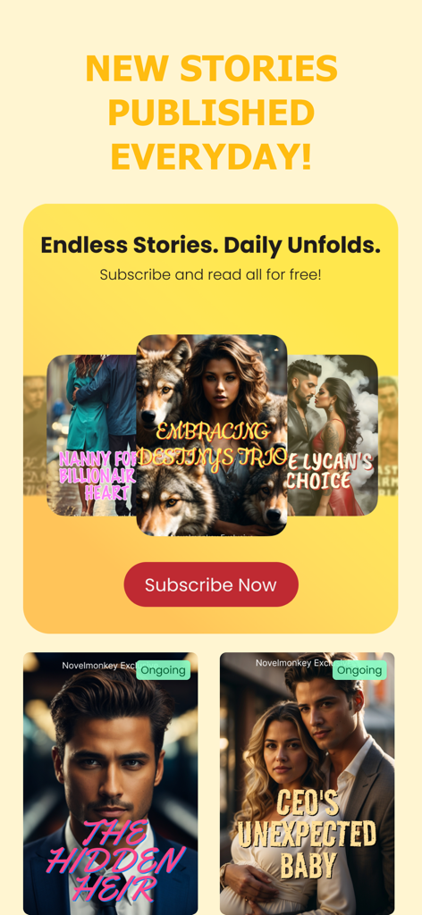 Promotional screen for Fictio app featuring popular romance book covers and a call to action for a subscription.