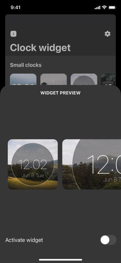 Interfaz de aplicación móvil que muestra una vista previa de widgets de reloj digital estéticos con temática de naturaleza