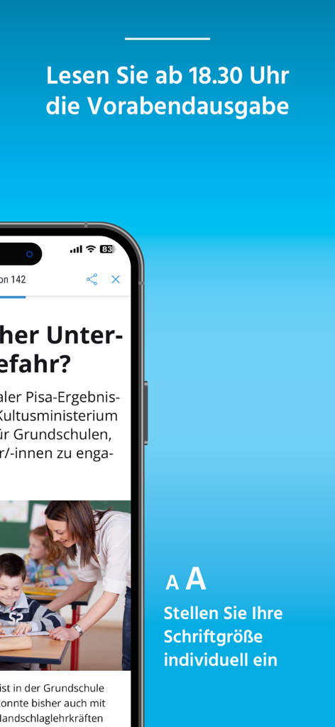 ZVW ePAPER - ZVW ePAPER Mobile App-Oberfläche mit der Abendausgabe und der Option zur Anpassung der Schriftgröße