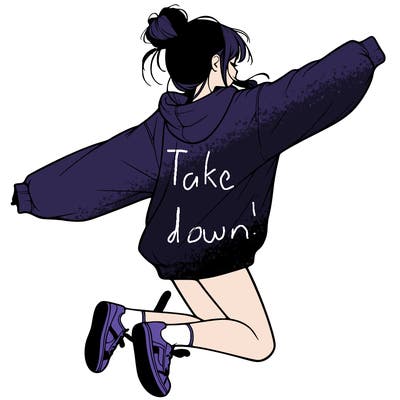 realistic girl jumping with a bun and oversized sweatshirt