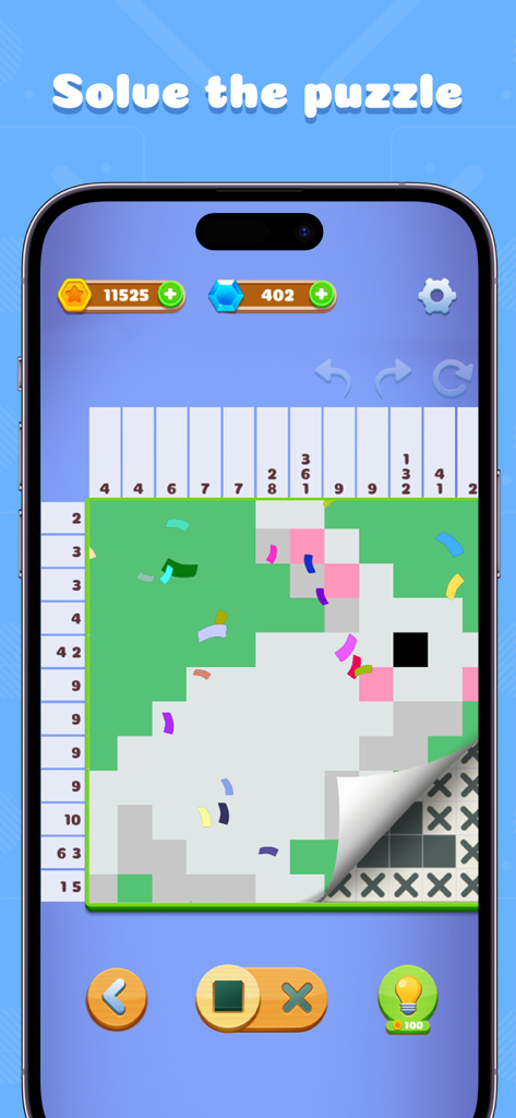 Nonogram - Jigsaw Number Game - Smartphone screen displaying a completed nonogram logic puzzle of a pixel art rabbit