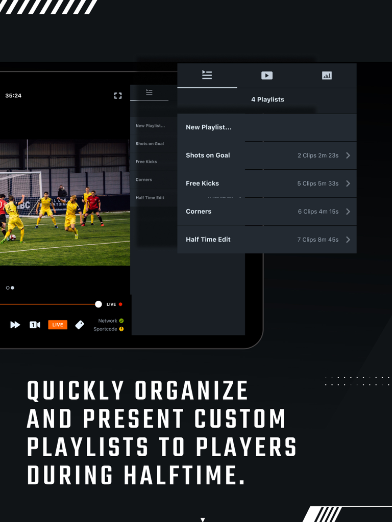 Hudl Replay - Hudl Replay app on iPad showing soccer match video and custom playlists for halftime coaching