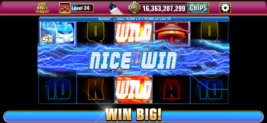 A game screenshot of Slingo Casino Vegas Slots displaying a Nice Win message with electric blue effects and wild symbols on the reels.