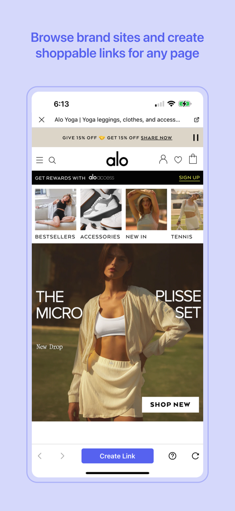 Mavely - Influencer Rewards - Interfaz de la aplicación Mavely que muestra cómo navegar por sitios web de marcas y crear enlaces de afiliados para comprar.