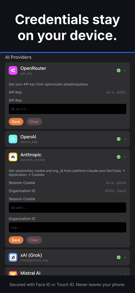Reckoner App - Reckoner app interface showing secure local storage of AI provider credentials