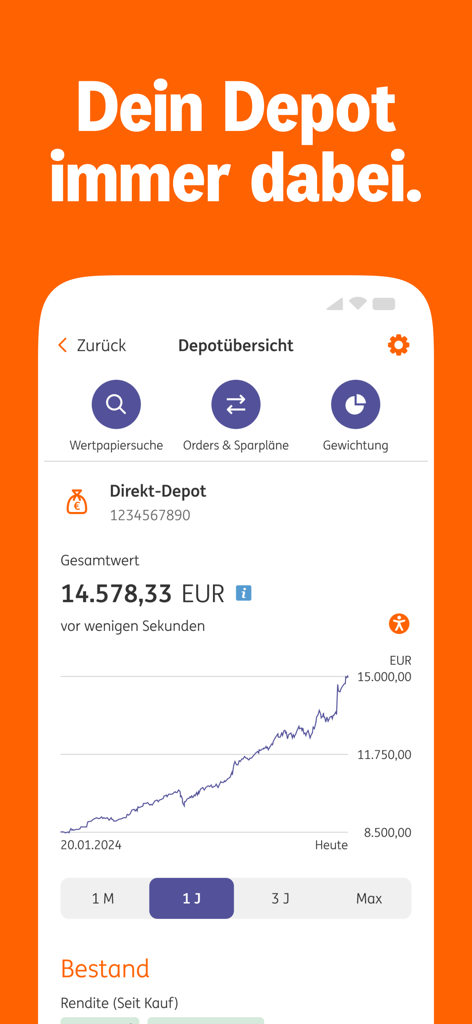 Mobile screen of ING Deutschland app displaying an investment portfolio with a line chart showing financial growth