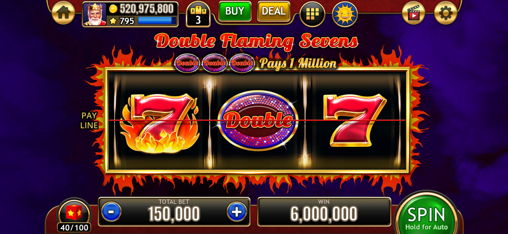 777 Classic Slots Galaxy - Gameplay screenshot of 777 Classic Slots Galaxy showing a 3-reel machine with flaming seven symbols and a 6 million coin win