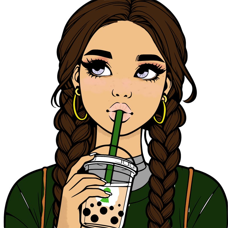 realistic girl with braided hair drinking boba