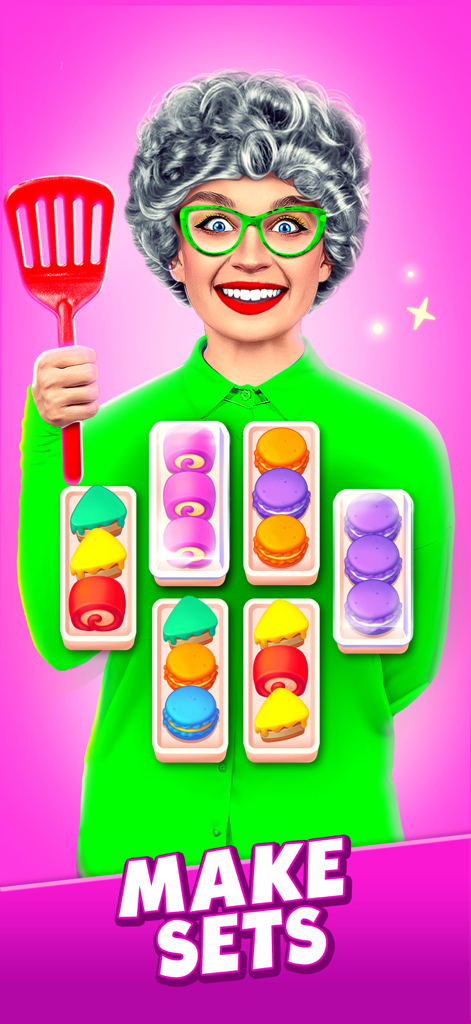 A woman holding a spatula next to boxes of sorted colorful pastries with text saying Make Sets
