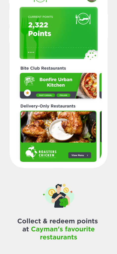 Bite Club Cayman - Interface of Bite Club Cayman app showing reward points and local restaurants
