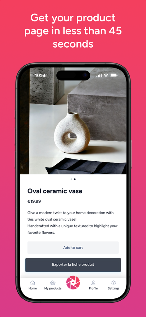 Un smartphone affichant l'interface de l'application Pizi avec une page produit générée par IA pour un vase ovale en céramique, y compris la description et les prix.