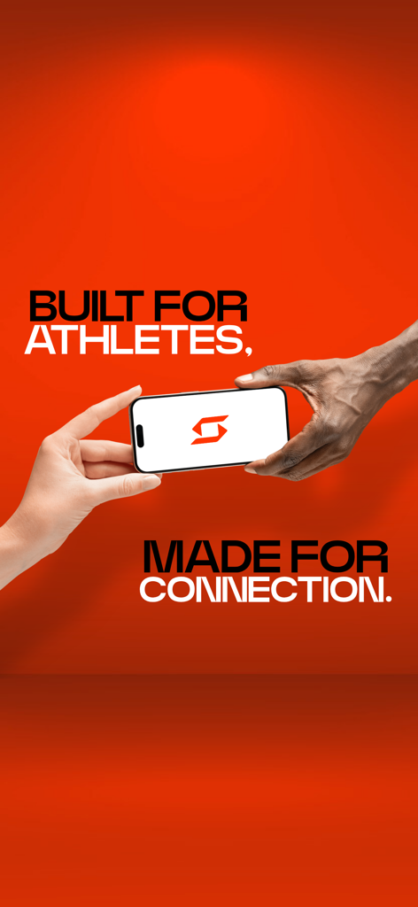 Discover Sport - Two hands holding a smartphone displaying the Discover Sport logo with text saying Built for Athletes Made for Connection