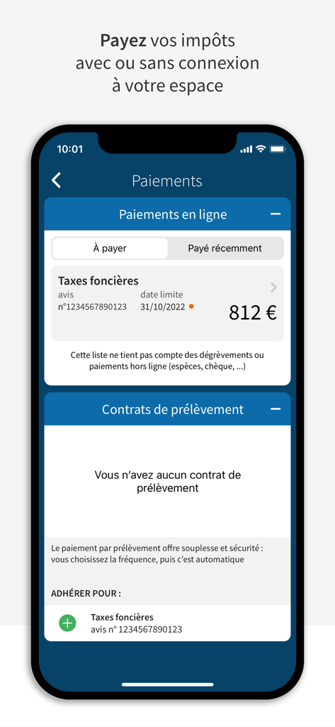 The payment interface of the Impots gouv mobile app showing a property tax bill and direct debit options